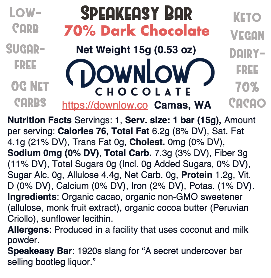 Speakeasy Bar: 70% Dark Chocolate Bar